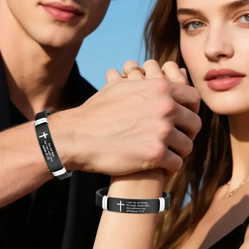Cross Bracelet Inspirational Bible Quotes Faith Christian Silicone ID Wristband Religious Gift Men and Women Stainless Steel Rubber Adjustable Bracelet