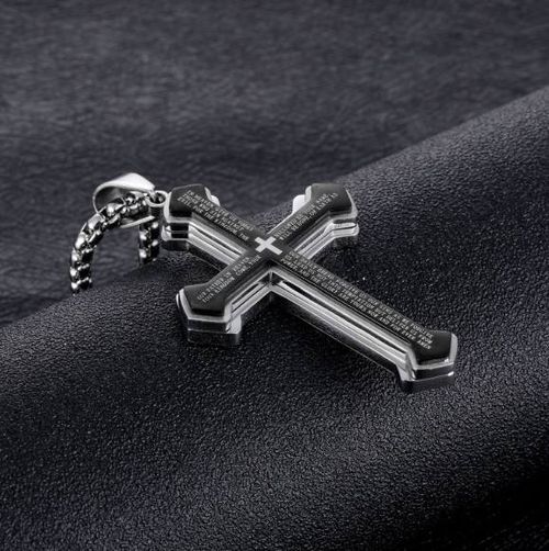 Men's Engraved Bible Verse Cross Pendant - Rust-Proof Stainless Steel Religious Jewelry, Perfect for Gifting & Personal Style