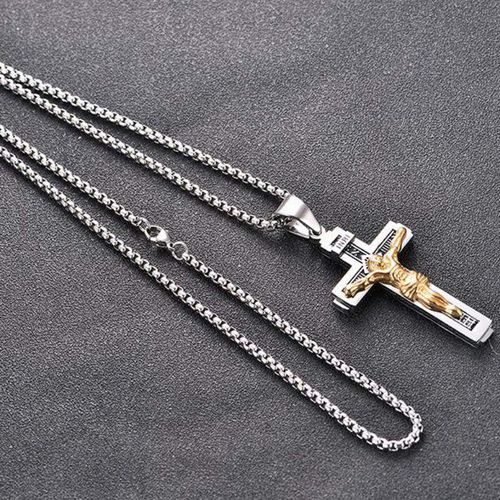 Jesus Cross Pendant Necklace, Personalized Christian Jewelry, Gold Plated Stainless Steel Necklace for Men