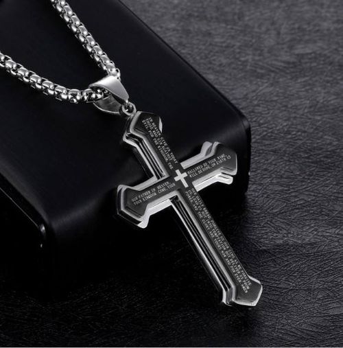 Men's Engraved Bible Verse Cross Pendant - Rust-Proof Stainless Steel Religious Jewelry, Perfect for Gifting & Personal Style