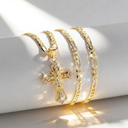 ✝️ Gold Plated Jesus Cross Pendant Necklace with Shiny Zircon, Elegant Christian Religious Jewelry, Ideal for Thanksgiving, Graduation Gifts & Daily Wear