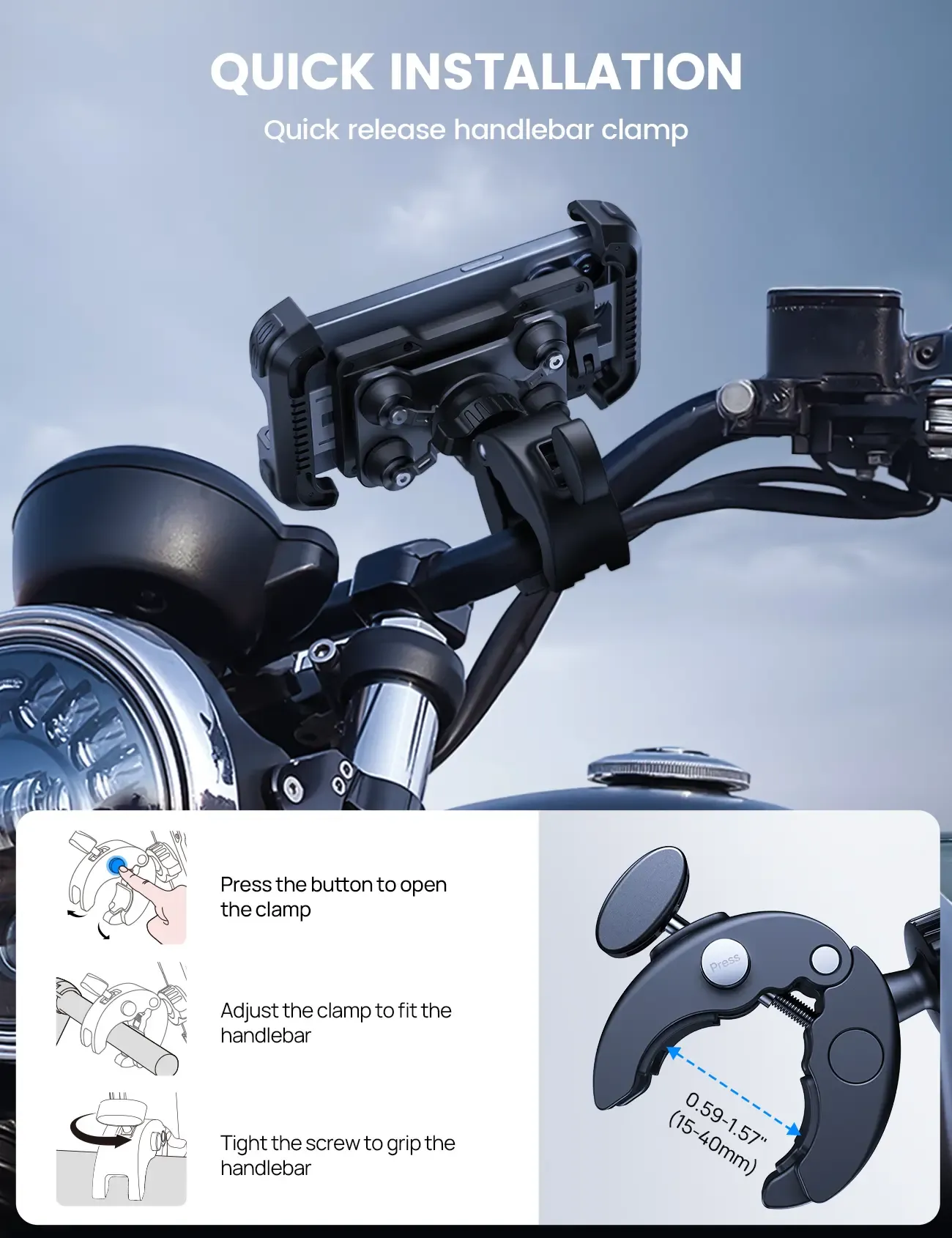Motorcycle Phone Holder – Dual Shock Absorption, Full Protection, 360° Rotatable Secure Mount