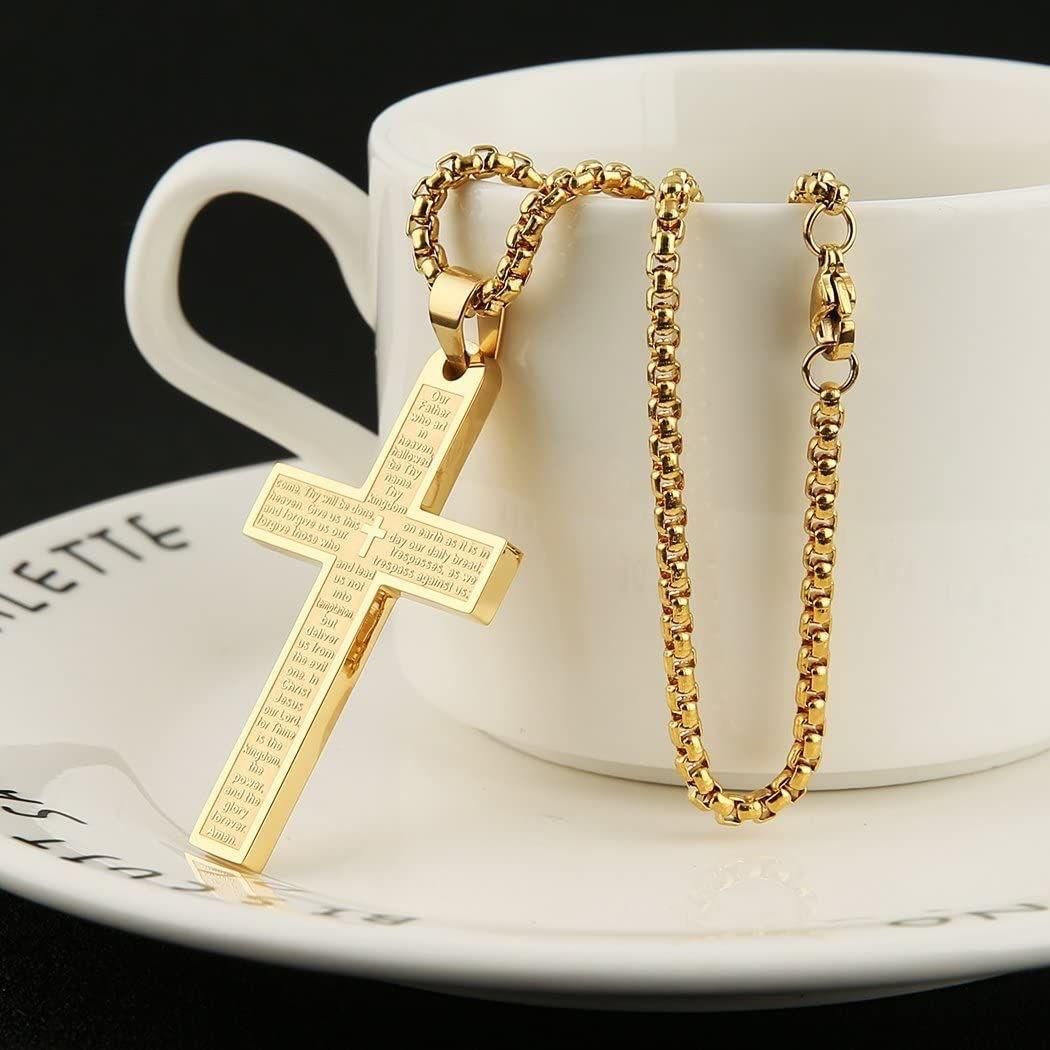 Gold Plated Lord's Prayer Cross Pendant, Personalized Christian Jewelry to Express Your Faith & Style