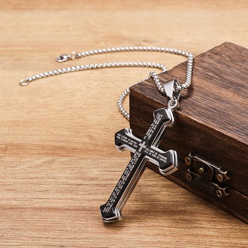 Men's Engraved Bible Verse Cross Pendant - Rust-Proof Stainless Steel Religious Jewelry, Perfect for Gifting & Personal Style