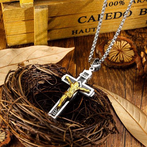 Jesus Cross Pendant Necklace, Personalized Christian Jewelry, Gold Plated Stainless Steel Necklace for Men