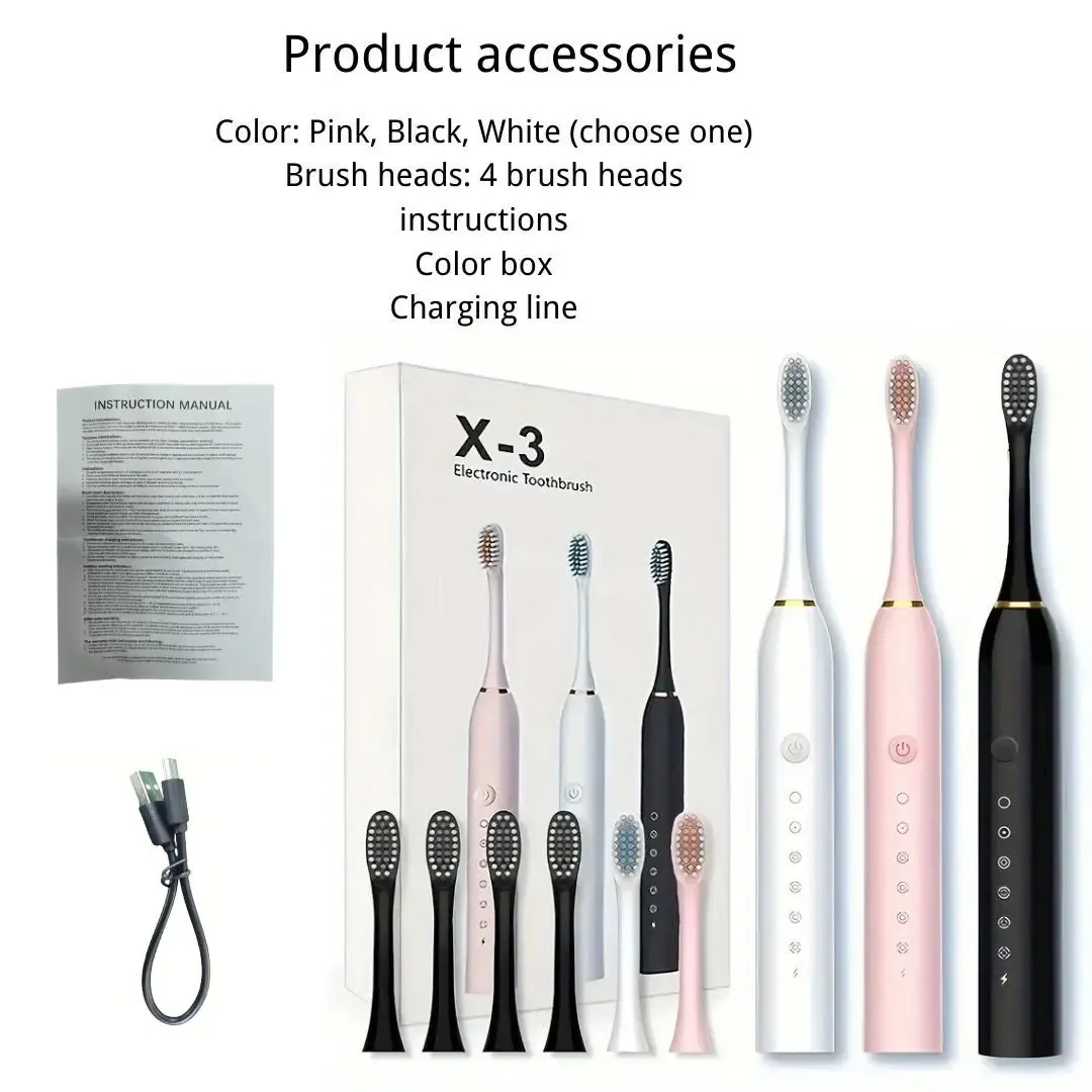 Deep Clean Electric Toothbrush Kit 6 Modes Rechargeable With 4 Brush Heads 🦷 Complete Oral Care Set. Black color.