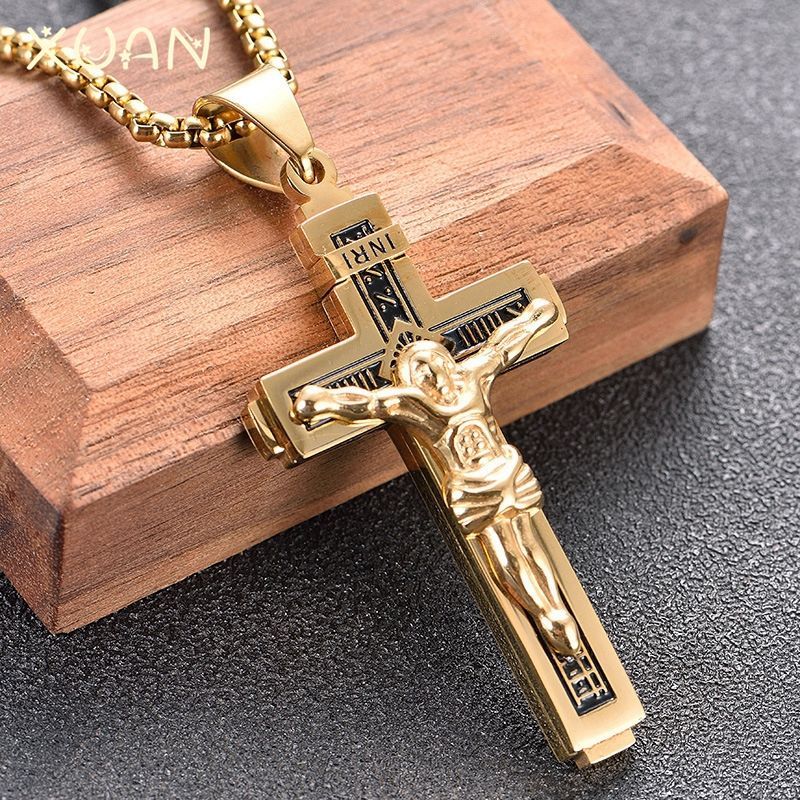 Jesus Cross Pendant Necklace, Personalized Christian Jewelry, Gold Plated Stainless Steel Necklace for Men