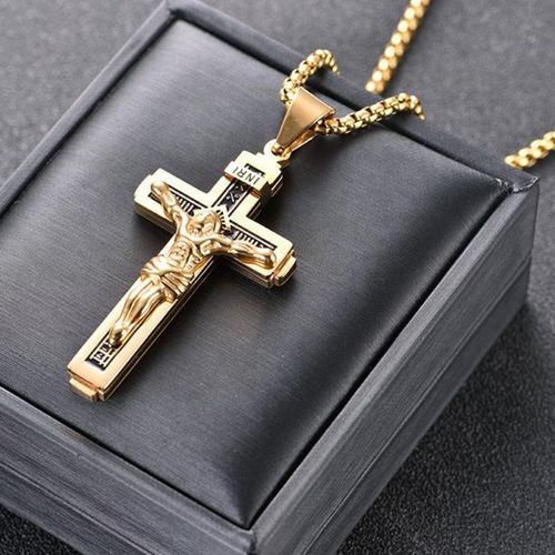 Jesus Cross Pendant Necklace, Personalized Christian Jewelry, Gold Plated Stainless Steel Necklace for Men