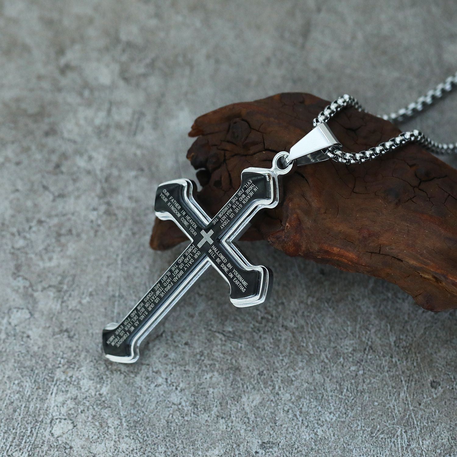 Men's Engraved Bible Verse Cross Pendant - Rust-Proof Stainless Steel Religious Jewelry, Perfect for Gifting & Personal Style