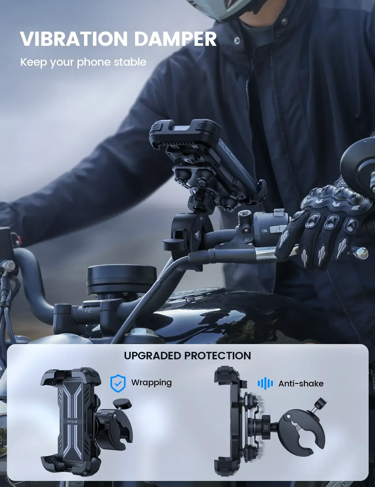 Motorcycle Phone Holder – Dual Shock Absorption, Full Protection, 360° Rotatable Secure Mount
