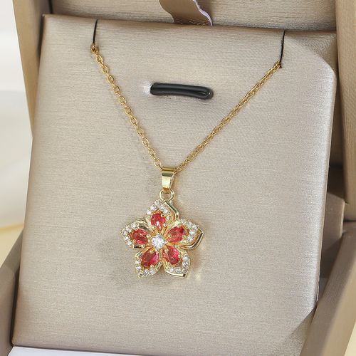 🌸 Gold Plated 360° Rotating Flower Pendant Necklace with Artificial Gemstones, Daily Wear, Fashion All-Match, Perfect Gift Choice