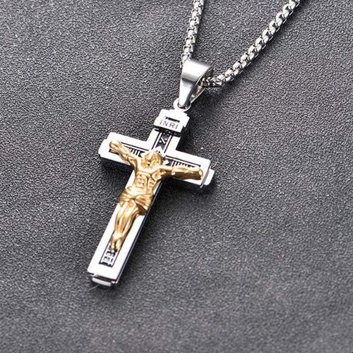 Jesus Cross Pendant Necklace, Personalized Christian Jewelry, Gold Plated Stainless Steel Necklace for Men