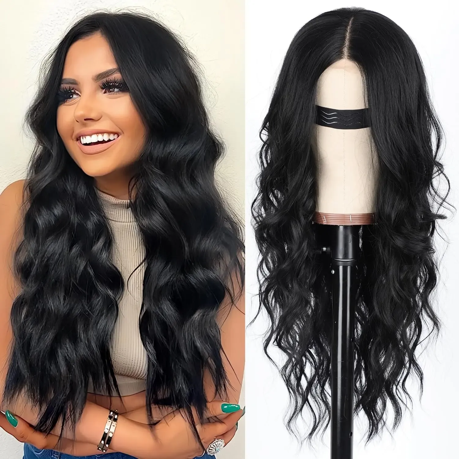 Women's Black Long Wavy Lace Parting Wig, Heat Resistant Synthetic Fiber, Suitable for Daily & Party Wear - 26 Inches