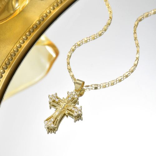 ✝️ Gold Plated Jesus Cross Pendant Necklace with Shiny Zircon, Elegant Christian Religious Jewelry, Ideal for Thanksgiving, Graduation Gifts & Daily Wear