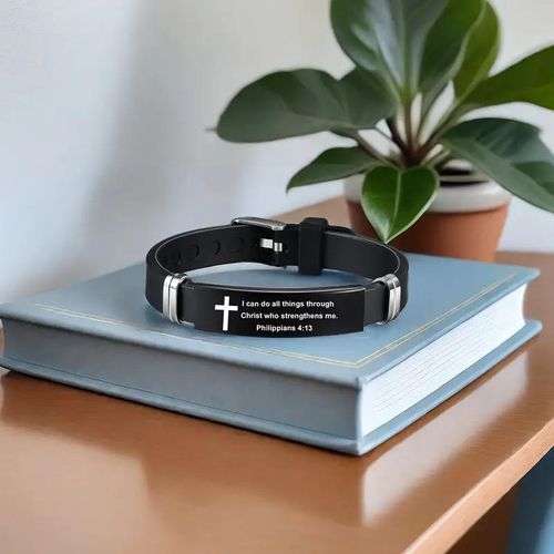 Cross Bracelet Inspirational Bible Quotes Faith Christian Silicone ID Wristband Religious Gift Men and Women Stainless Steel Rubber Adjustable Bracelet