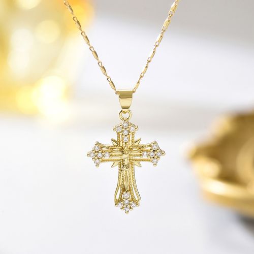 ✝️ Gold Plated Jesus Cross Pendant Necklace with Shiny Zircon, Elegant Christian Religious Jewelry, Ideal for Thanksgiving, Graduation Gifts & Daily Wear