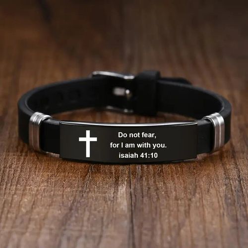Cross Bracelet Inspirational Bible Quotes Faith Christian Silicone ID Wristband Religious Gift Men and Women Stainless Steel Rubber Adjustable Bracelet