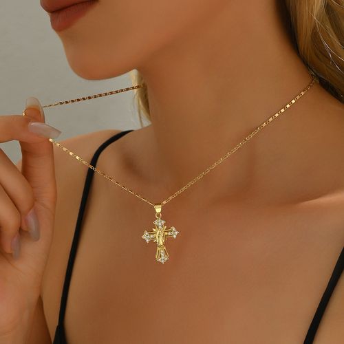 ✝️ Gold Plated Jesus Cross Pendant Necklace with Shiny Zircon, Elegant Christian Religious Jewelry, Ideal for Thanksgiving, Graduation Gifts & Daily Wear