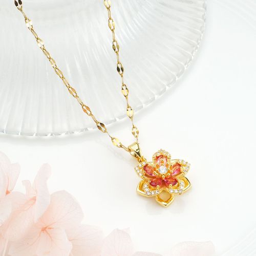 🌸 Gold Plated 360° Rotating Flower Pendant Necklace with Artificial Gemstones, Daily Wear, Fashion All-Match, Perfect Gift Choice