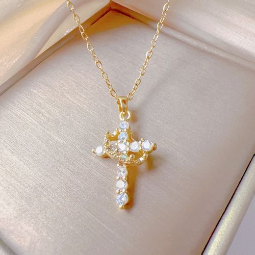 ✨ Minimalist Crown Cross Zircon Pendant Necklace ✨Elegant Christian Faith Jewelry • Unisex Gift
