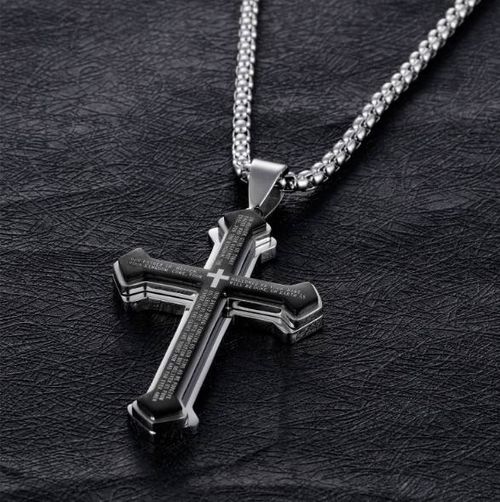 Men's Engraved Bible Verse Cross Pendant - Rust-Proof Stainless Steel Religious Jewelry, Perfect for Gifting & Personal Style