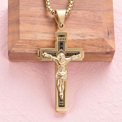 Jesus Cross Pendant Necklace, Personalized Christian Jewelry, Gold Plated Stainless Steel Necklace for Men