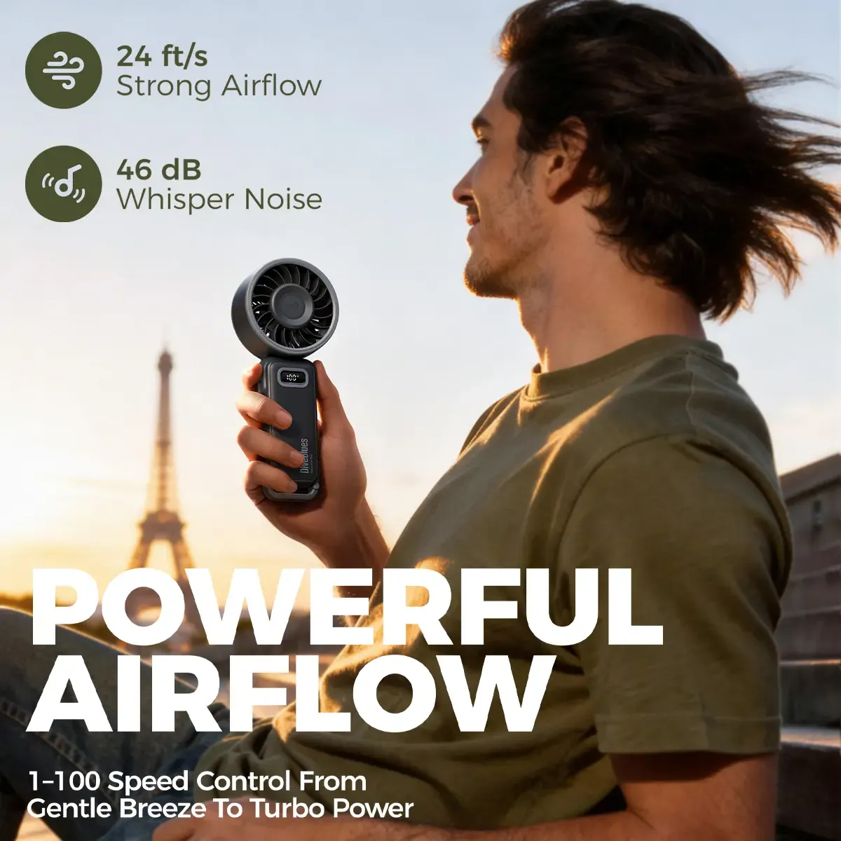Portable Handheld Turbo Fan with 15 Hours Battery Life, 100 Wind Speed Levels, 5-in-1 Foldable Design. Suitable for Summer Travel, Outdoor Activities, Beach, Indoor Office and Other Occasions. A Multi-functional Fan. Black.