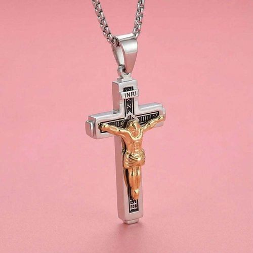 Jesus Cross Pendant Necklace, Personalized Christian Jewelry, Gold Plated Stainless Steel Necklace for Men