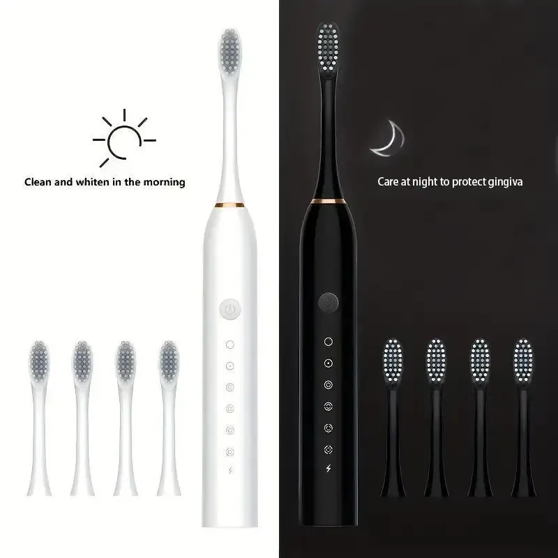 Deep Clean Electric Toothbrush Kit 6 Modes Rechargeable With 4 Brush Heads 🦷 Complete Oral Care Set. Black color.
