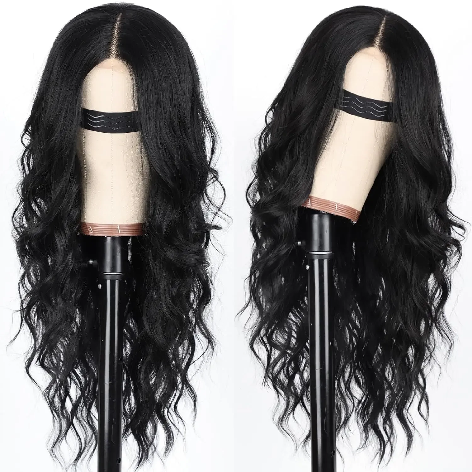 Women's Black Long Wavy Lace Parting Wig, Heat Resistant Synthetic Fiber, Suitable for Daily & Party Wear - 26 Inches