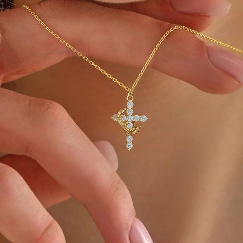 ✨ Minimalist Crown Cross Zircon Pendant Necklace ✨Elegant Christian Faith Jewelry • Unisex Gift