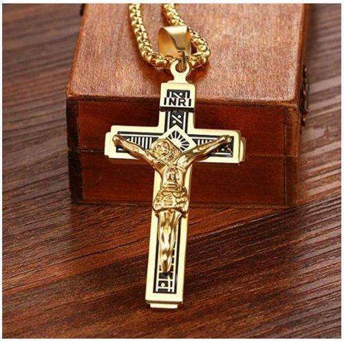 Jesus Cross Pendant Necklace, Personalized Christian Jewelry, Gold Plated Stainless Steel Necklace for Men