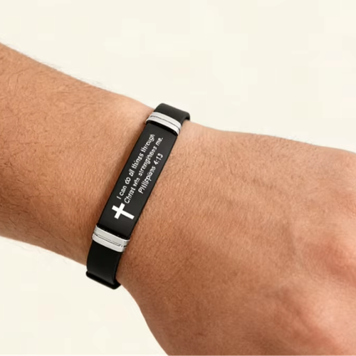 Cross Bracelet Inspirational Bible Quotes Faith Christian Silicone ID Wristband Religious Gift Men and Women Stainless Steel Rubber Adjustable Bracelet
