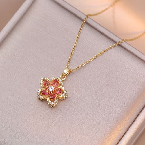 🌸 Gold Plated 360° Rotating Flower Pendant Necklace with Artificial Gemstones, Daily Wear, Fashion All-Match, Perfect Gift Choice