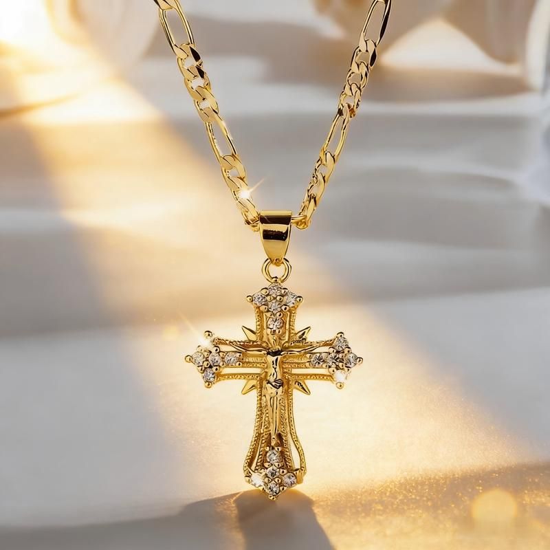 ✝️ Gold Plated Jesus Cross Pendant Necklace with Shiny Zircon, Elegant Christian Religious Jewelry, Ideal for Thanksgiving, Graduation Gifts & Daily Wear