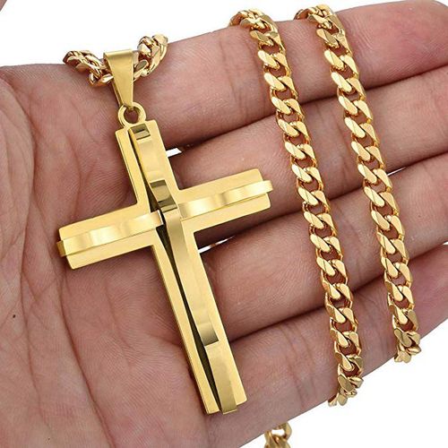Men's Gold-Plated Cross Pendant Necklace, Personalized Christian Jewelry, Showcase Your Faith & Style
