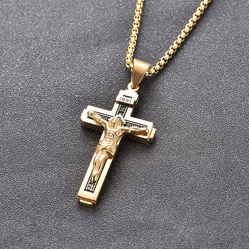 Jesus Cross Pendant Necklace, Personalized Christian Jewelry, Gold Plated Stainless Steel Necklace for Men