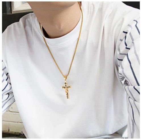 Jesus Cross Pendant Necklace, Personalized Christian Jewelry, Gold Plated Stainless Steel Necklace for Men