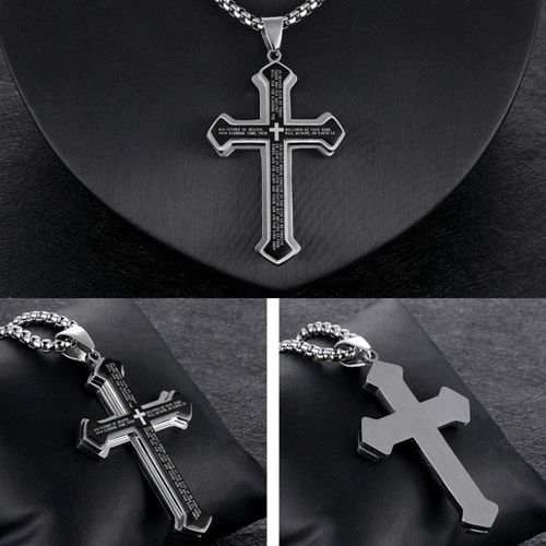 Men's Engraved Bible Verse Cross Pendant - Rust-Proof Stainless Steel Religious Jewelry, Perfect for Gifting & Personal Style
