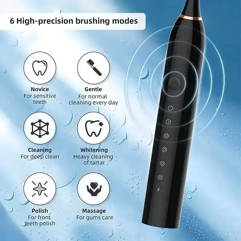 Deep Clean Electric Toothbrush Kit 6 Modes Rechargeable With 4 Brush Heads 🦷 Complete Oral Care Set. Black color.