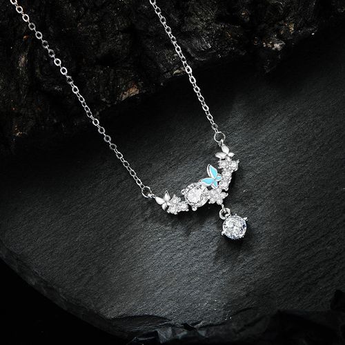 Platinum Plated Flash Diamond Butterfly and Star Charm Pendant Necklace for Women Starry Shiny Micro Pave Zircon Necklace