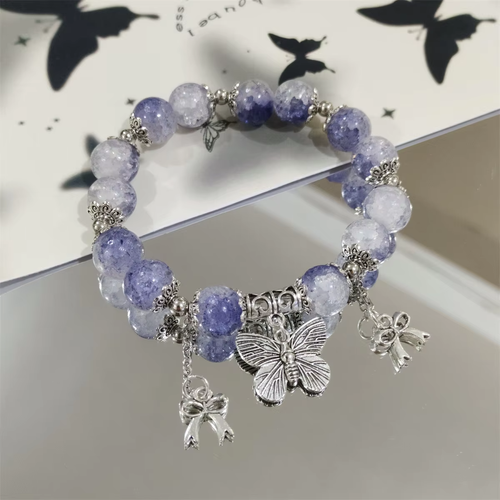 Popcorn Cracked Crystal Beads Bracelet Butterfly Charm Pendant Gradient Color Girl Women Friendship Bracelets Jewelry Gift
