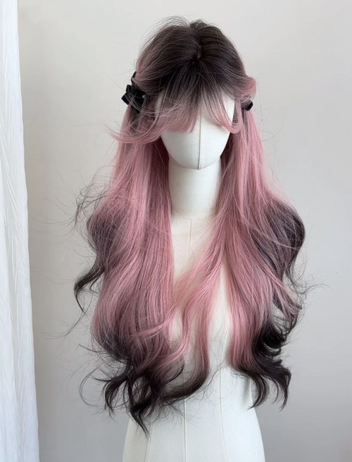 Yuanyang Pink Edition Siamese Cat Wig Female Long Hair Pink Gradient Black High-Level Simulation Human Long Curly Hair Full Head Set