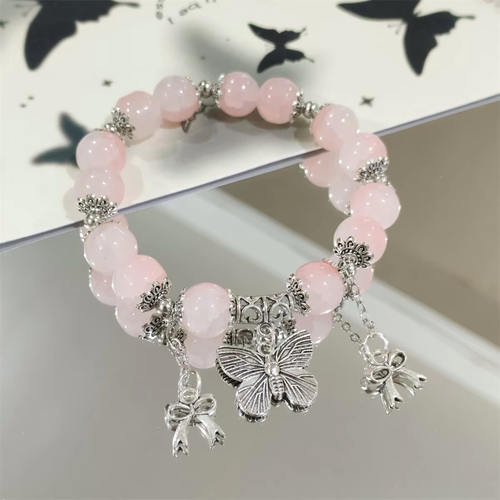 Popcorn Cracked Crystal Beads Bracelet Butterfly Charm Pendant Gradient Color Girl Women Friendship Bracelets Jewelry Gift