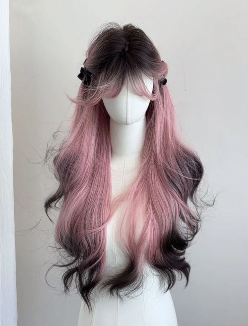 Yuanyang Pink Edition Siamese Cat Wig Female Long Hair Pink Gradient Black High-Level Simulation Human Long Curly Hair Full Head Set