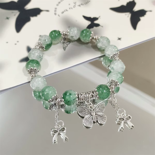 Popcorn Cracked Crystal Beads Bracelet Butterfly Charm Pendant Gradient Color Girl Women Friendship Bracelets Jewelry Gift