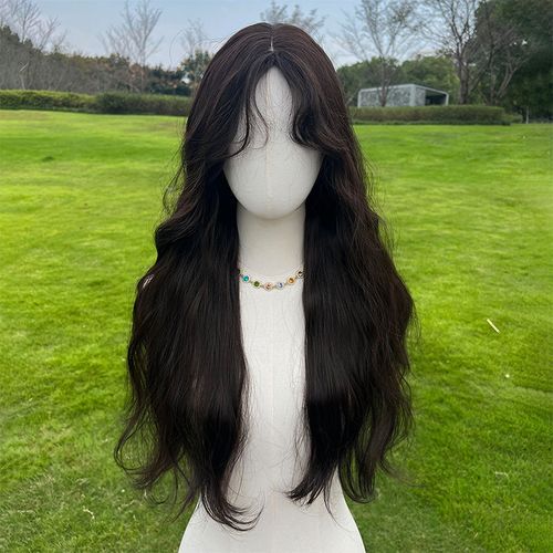 Hot Selling 26 Inches of Natural Black Wavy Hair with Baby Hair Bangs Synthetic Women's Wig SM359