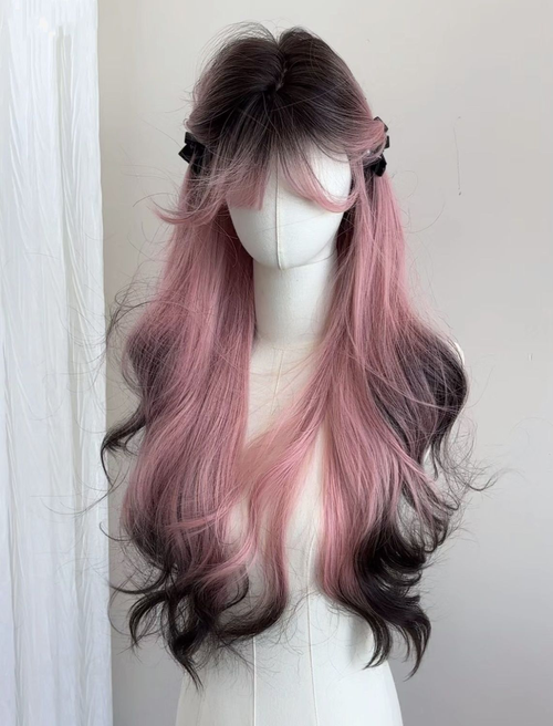 Yuanyang Pink Edition Siamese Cat Wig Female Long Hair Pink Gradient Black High-Level Simulation Human Long Curly Hair Full Head Set