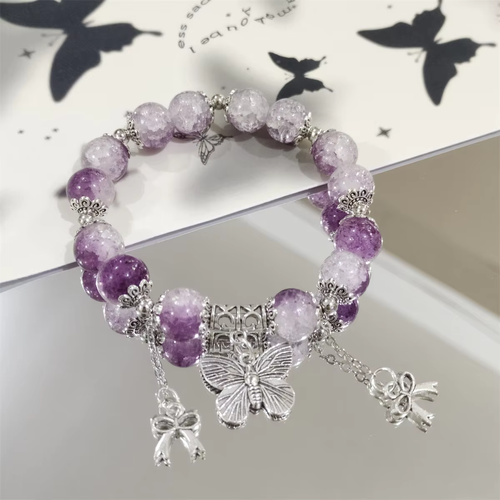 Popcorn Cracked Crystal Beads Bracelet Butterfly Charm Pendant Gradient Color Girl Women Friendship Bracelets Jewelry Gift