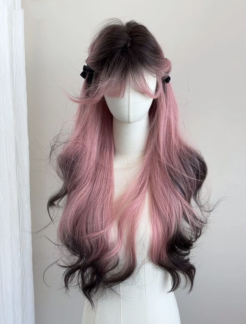 Yuanyang Pink Edition Siamese Cat Wig Female Long Hair Pink Gradient Black High-Level Simulation Human Long Curly Hair Full Head Set